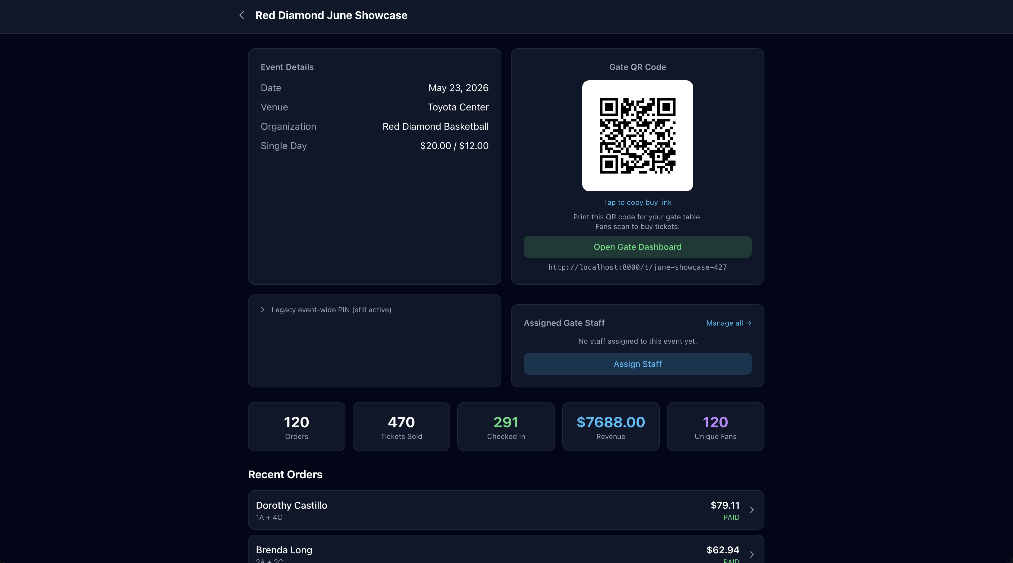Sketchplay event detail page in dark mode