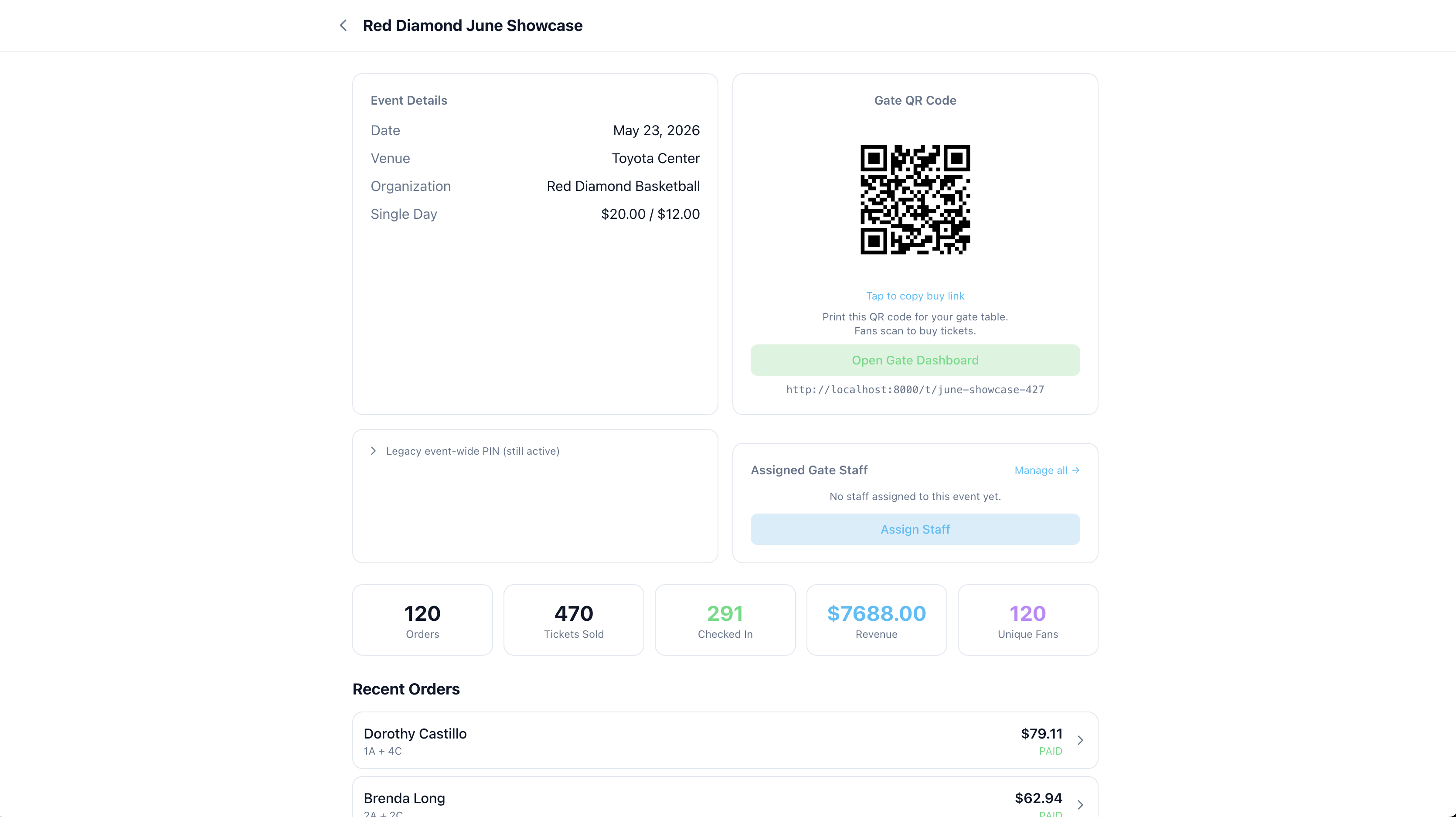Sketchplay event detail page with event details, gate QR code, KPI tiles, and recent orders