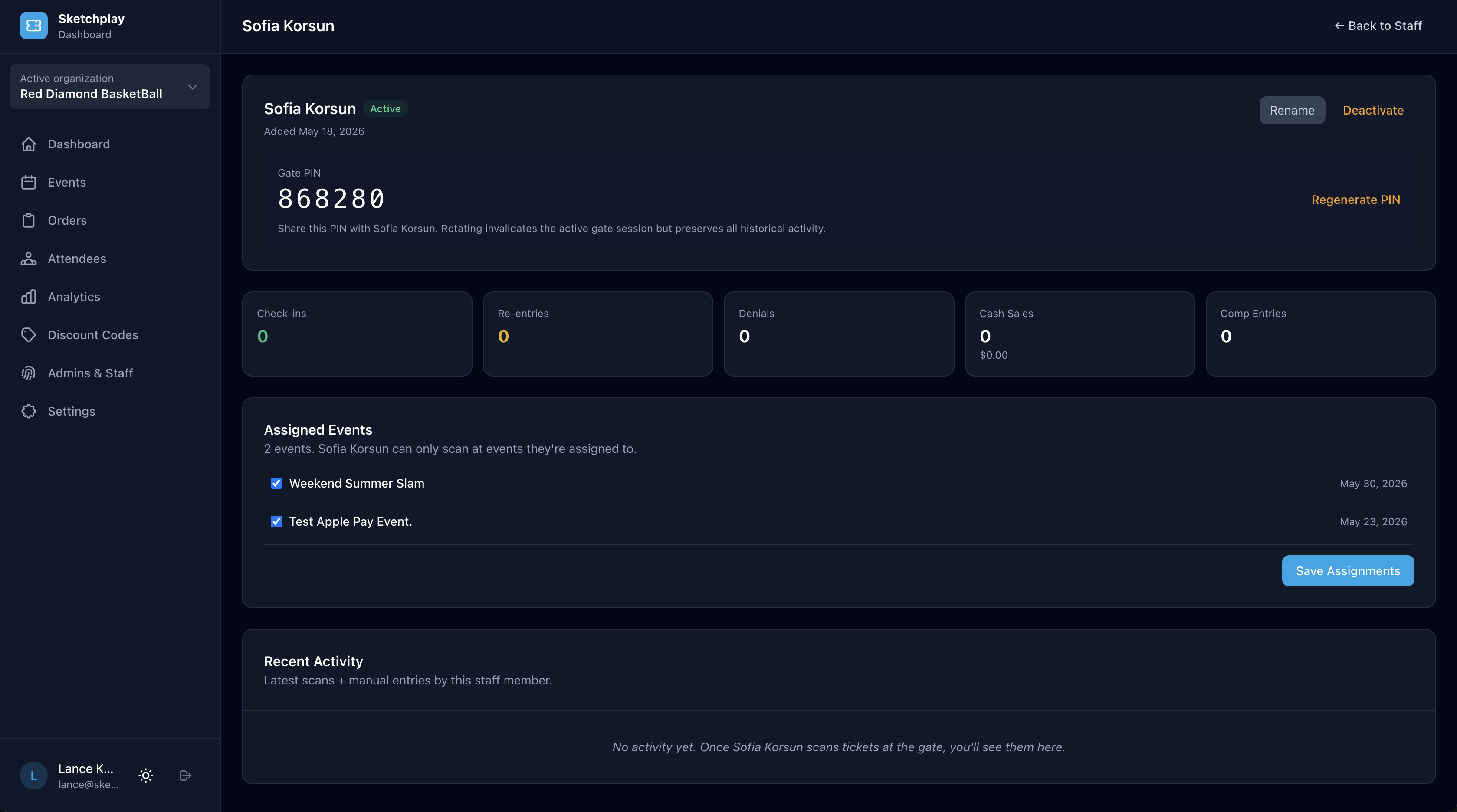 Sketchplay staff detail page in dark mode