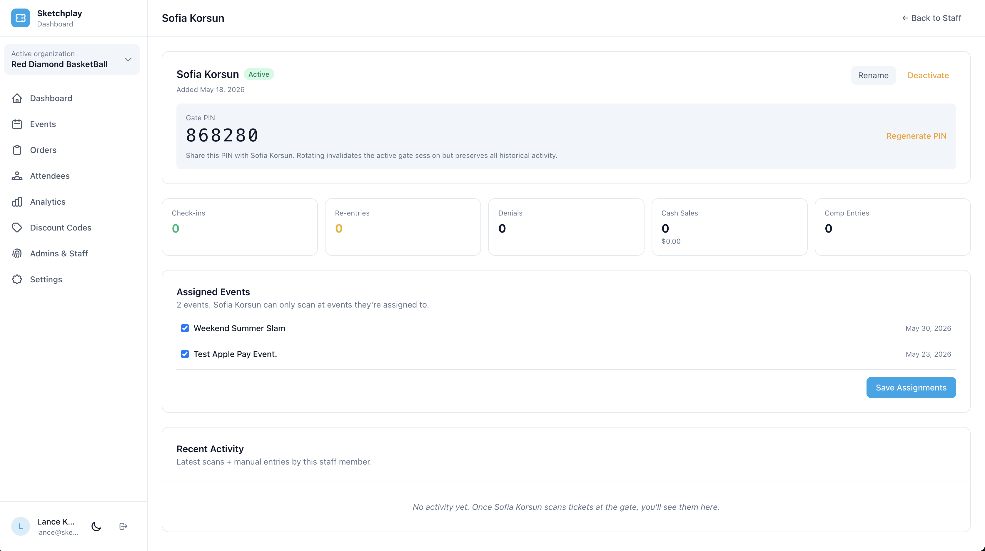 Sketchplay staff detail page with a per-staff Gate PIN, assigned events, and recent activity stats