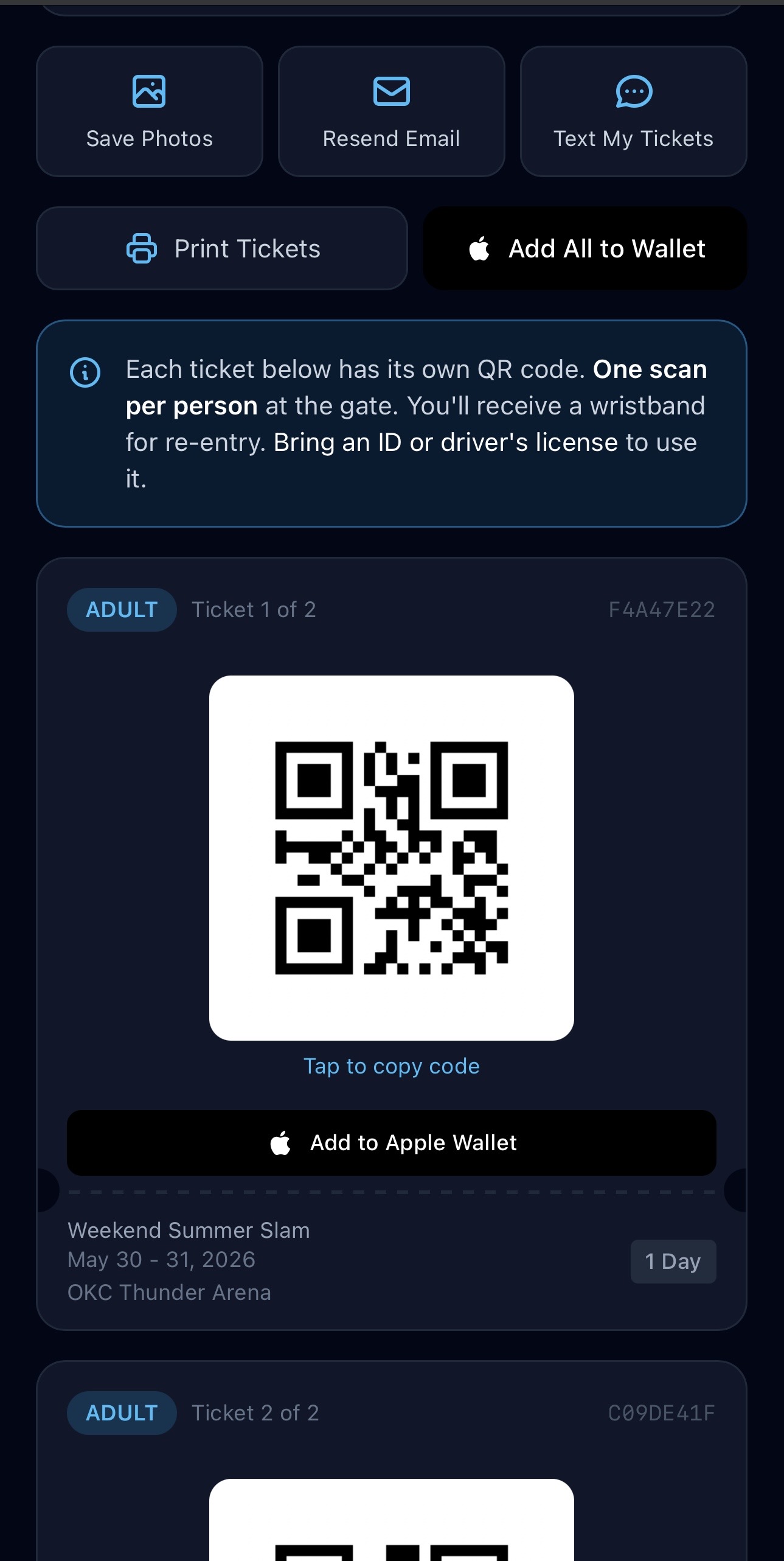 Sketchplay fan ticket confirmation on iPhone with QR code and Add to Apple Wallet button
