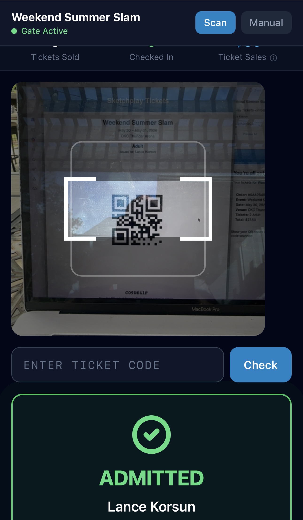 Sketchplay gate scanner on iPhone showing ADMITTED status after a successful QR scan