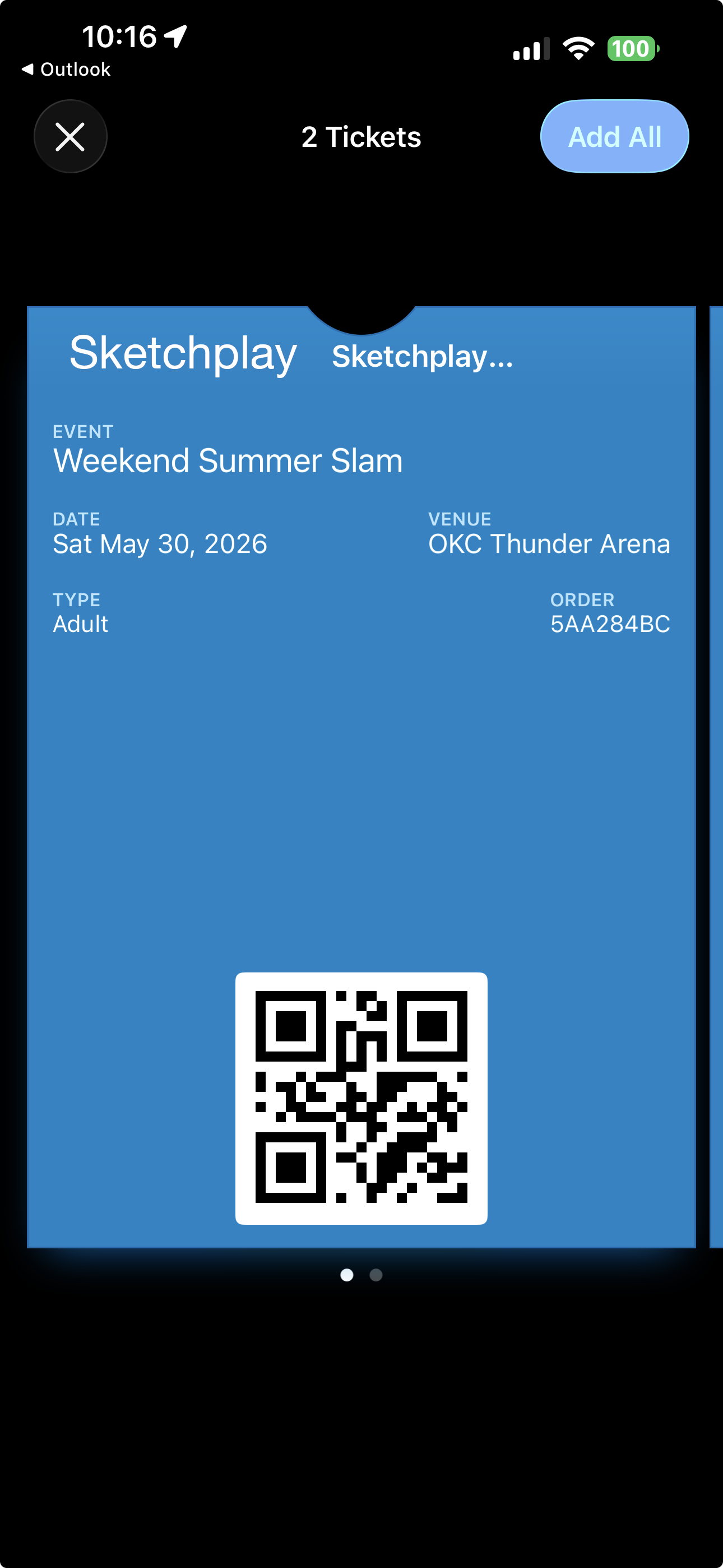 Sketchplay ticket installed in Apple Wallet on iPhone